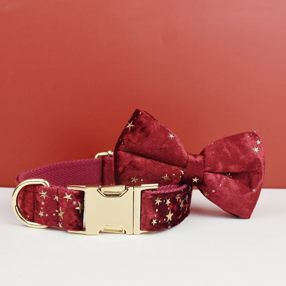 Luxury Red Velvet Dog Collar with Leash